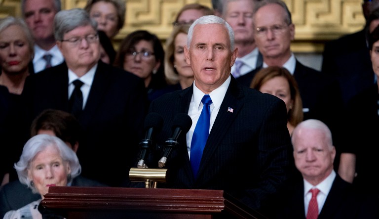 Vice President Mike Pence speaks during a ceremony for Sen. John McCain, R-Ariz., as he lies in state in the Rotunda of the U.S. Capitol. 
