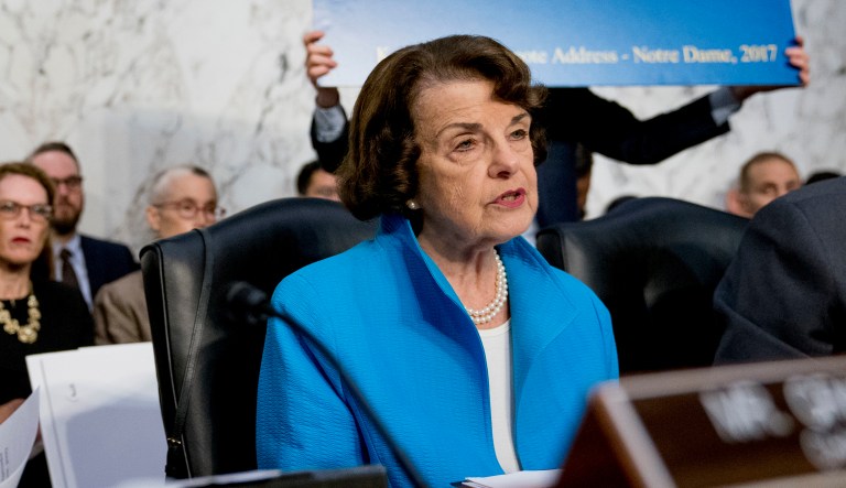 Sen. Dianne Feinstein, D-Calif., the ranking member on the Senate Judiciary Committee, questions Brett Kavanaugh as he testifies before the Senate Judiciary Committee on Capitol Hill. 