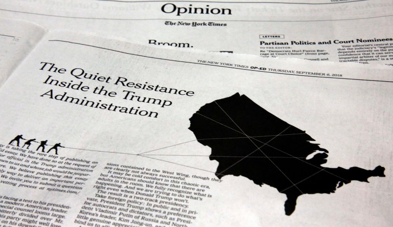 President Trump lashed out against the anonymous senior official who wrote an anonymous opinion piece in the New York Times, claiming to be part of a "resistance" working "from within" to thwart the commander in chief's most dangerous impulses. 