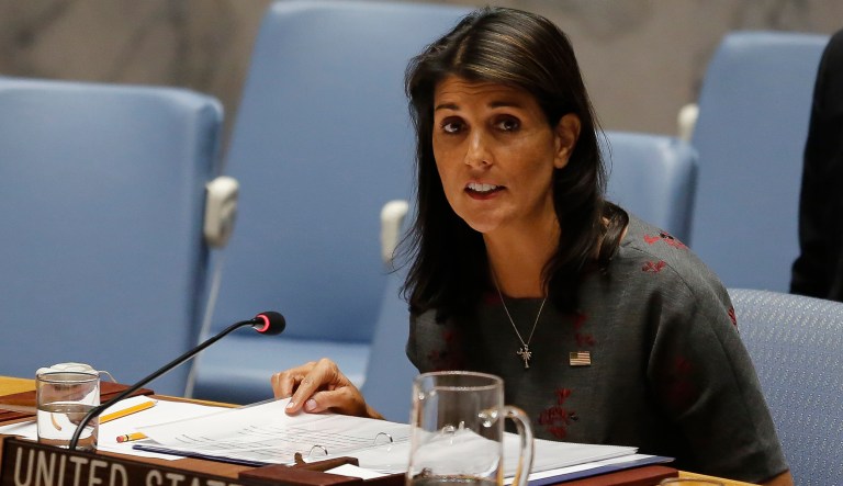 United States U.N. Ambassador Nikki Haley address a U.N. Security meeting on alleged Russian chemical attack in Britain. 
