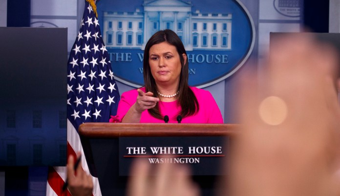 White House press secretary Sarah Sanders speaks during the daily press briefing at the White House, Sept. 10, 2018, in Washington. 