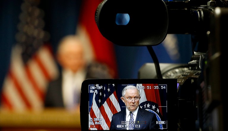 Attorney General Jeff Sessions gives a speech on efforts to combat violent crime during a stop at the U.S. Attorney's Office.
