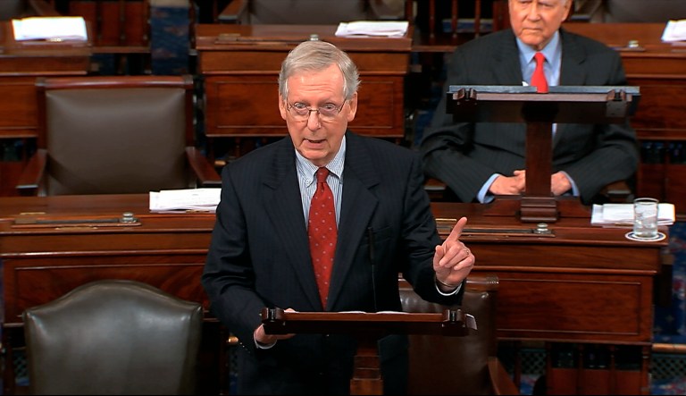Majority Leader Mitch McConnell, R-Ky., speaks about Supreme Court nominee  Judge Brett Kavanaugh on the floor of the Senate, Sept. 24, 2018.
