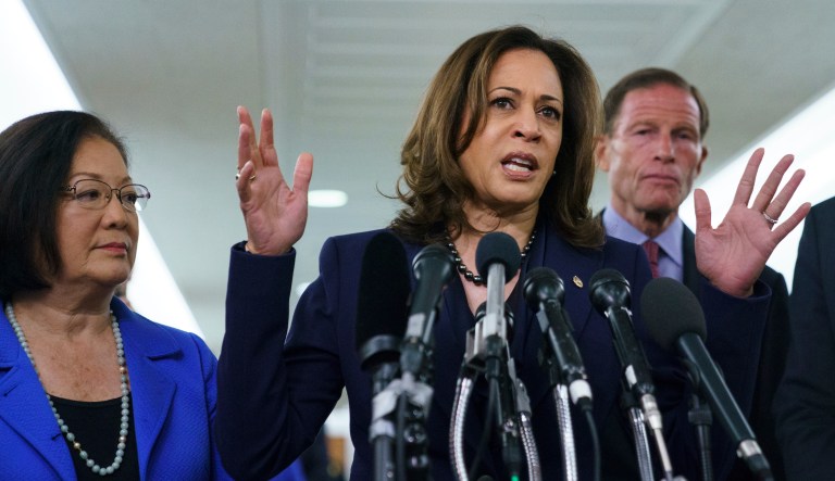 Senate Judiciary Committee member Sen. Kamala Harris, D-Calif., joined by from left, Sen. Mazie Hirono, D-Hawaii, and Sen. Richard Blumenthal, D-Conn., right, speaks to media about the Senate Judiciary Committee hearing on Supreme Court nominee Judge Brett Kavanaugh on Capitol Hill in Washington, Friday, Sept. 28, 2018.