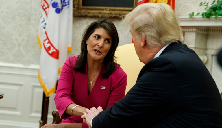 President Trump meets with outgoing U.S. Ambassador to the United Nations Nikki Haley in the Oval Office of the White House, Tuesday, Oct. 9, 2018, in Washington.