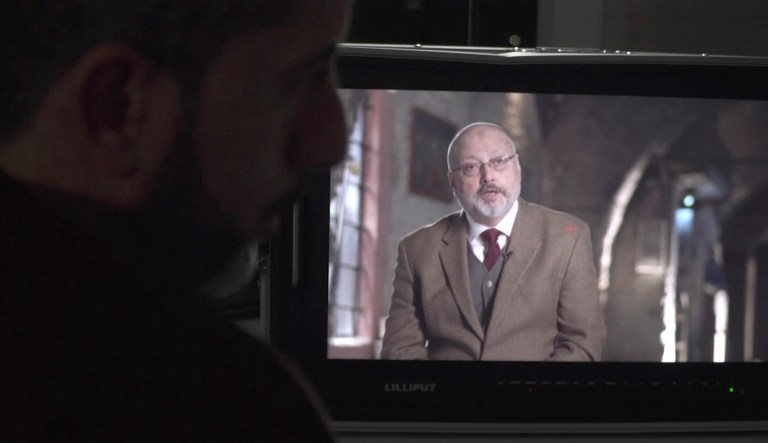 In this image made from an Oct. 18, 2018, video provided by Metafora Production, Washington Post columnist Jamal Khashoggi is displayed on a monitor speaking during an interview held in March 2018 at an undisclosed location.