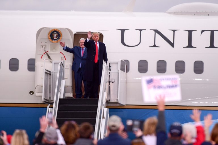 President Donald Trump and Senate candidate Patrick Morrisey exit Air Force One for an airport  rally, Friday, Nov. 2, 2018 at the Tri-State Airport in Huntington, W.Va.