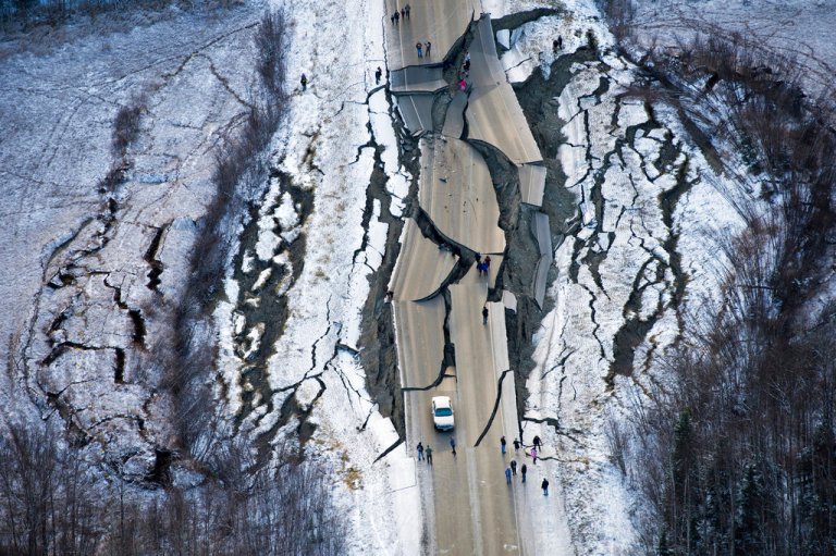 This aerial photo shows damage on Vine Road, south of Wasilla, Alaska, after earthquakes Friday, Nov. 30, 2018. Back-to-back earthquakes measuring 7.0 and 5.7 shattered highways and rocked buildings Friday in Anchorage and the surrounding area, sending people running into the streets and briefly triggering a tsunami warning for islands and coastal areas south of the city. 