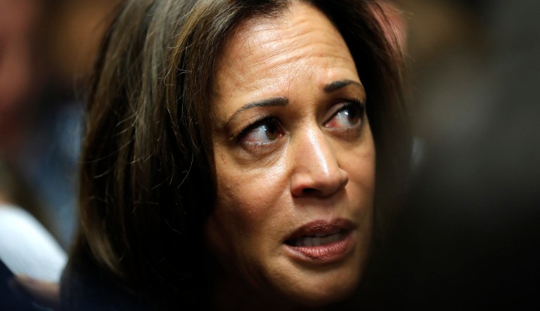 In this Oct. 22, 2018, file photo, Sen. Kamala Harris, D-Calif., speaks to reporters following a get out the vote rally at Des Moines Area Community College in Ankeny, Iowa.