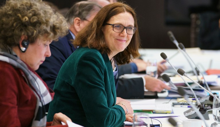 European Commissioner for Trade Cecilia Malmstrom is seated for a meeting with U.S. Trade Representative Robert Lighthizer and Japanese Minister of Economy, Trade and Industry, Hiroshige Seko, in Washington, Wednesday, Jan. 9, 2019.