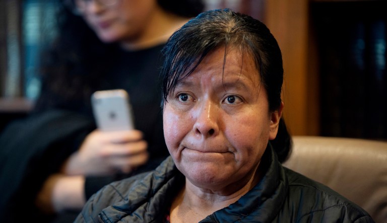 Maria Gomez speaks to the media at the office of attorney Richard Kessler in Grand Rapids, Mich., on Wednesday, Jan. 16, 2019. Gomez's son, Jilmar Ramos-Gomez, a U.S.-born Marine veteran was held for three days for possible deportation after pleading guilty to a disturbance at a western Michigan hospital.
