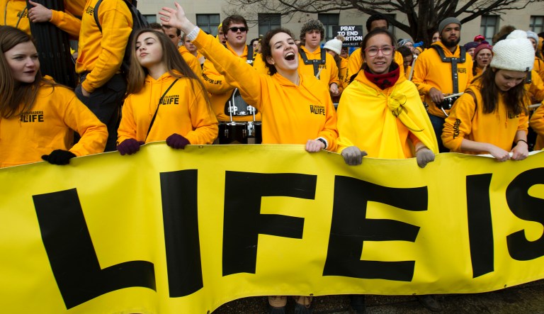 Anti-abortion activists march towards the U.S. Supreme Court, during the March for Life in Washington Friday, Jan. 18, 2019. 