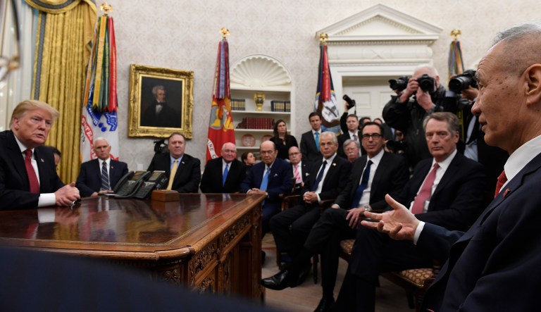 President Trump, left, holds a meeting with Chinese Vice Premier Liu He, right, in the Oval Office of the White House in Washington, Thursday, Jan. 31, 2019. Also attending the meeting, starting third from left seated, are, Vice President Mike Pence, Secretary of State Mike Pompeo, Agriculture Secretary Sonny Purdue, Commerce Secretary Wilbur Ross, White House economic adviser Larry Kudlow, White House trade adviser Peter Navarro, national security adviser John Bolton, Treasury Secretary Steven Mnuchin, and U.S. Trade Representative Robert Lighthizer.