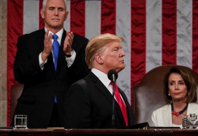 President Donald Trump gives his State of the Union address to a joint session of Congress, Tuesday, Feb. 5, 2019 at the Capitol in Washington, as Vice President Mike Pence, left, and House Speaker Nancy Pelosi look on. He is expected to give his latest, post-impeachment version next week.