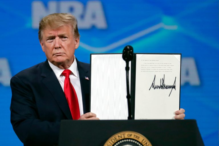 President Trump, shown at last year's Nation Rifle Association Institute for Legislative Action Leadership Forum in Lucas Oil Stadium in Indianapolis, is being urged to rein in his ATF.