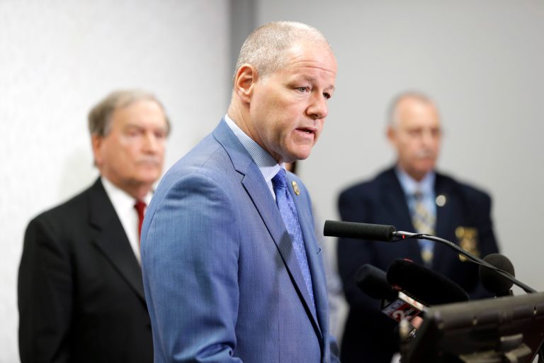 Tennessee Bureau of Investigation Director David Rausch, center, speaks at a news conference at the Tennessee Bureau of Investigation Monday, April 29, 2019, in Nashville, Tenn. (AP Photo/Mark Humphrey)