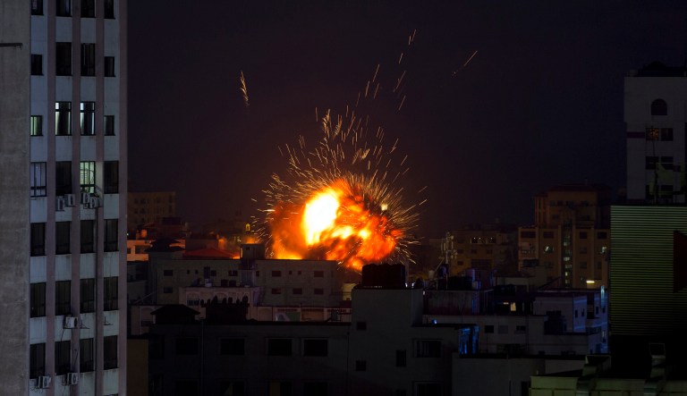 An explosion caused by an Israeli airstrike on a building in Gaza City, Saturday, May 4, 2019. Palestinian militants in the Gaza Strip fired at least 90 rockets into southern Israel on Saturday, according to the Israeli military, triggering retaliatory airstrikes and tank fire against militant targets in the blockaded enclave and shattering a month-long lull in violence.