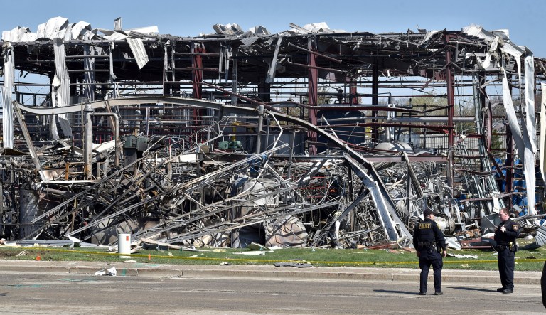 Emergency personnel work at the scene of an explosion at AB Specialty Silicones on Sunset Ave. and Northwestern Ave. on the border between Gurnee, Ill., and Waukegan on Saturday, May 4, 2019.
