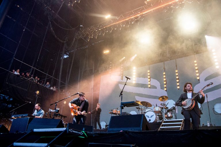 Ben Lovett, from left, Marcus Mumford, Harry Cargill, and Winston Marshall of Mumford & Sons perform at the BottleRock Napa Valley Music Festival in Napa, Calif.