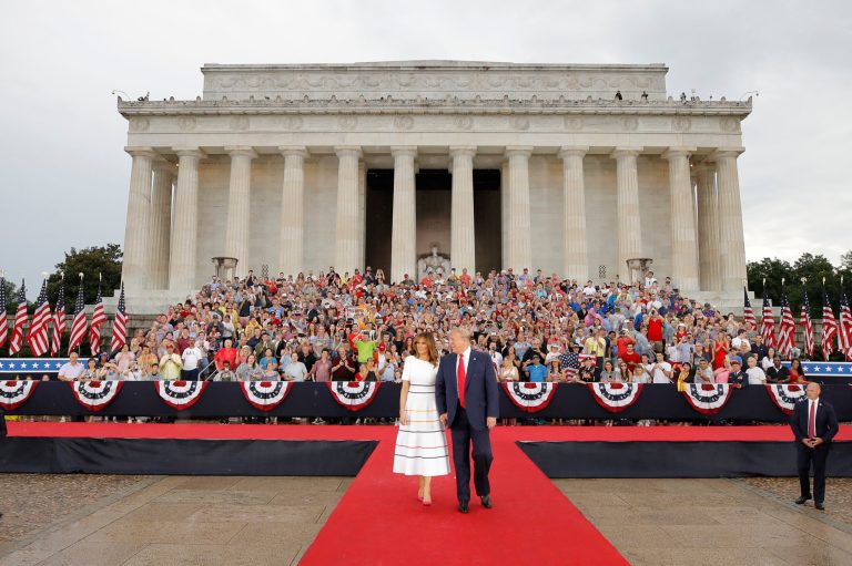 President Donald Trump and first lady Melania Trump arrive at an Independence Day celebration in front of the Lincoln Memorial, Thursday, July 4, 2019. A new survey found that among Republicans, Trump is considered the fourth greatest president after Abraham Lincoln and George Washington.