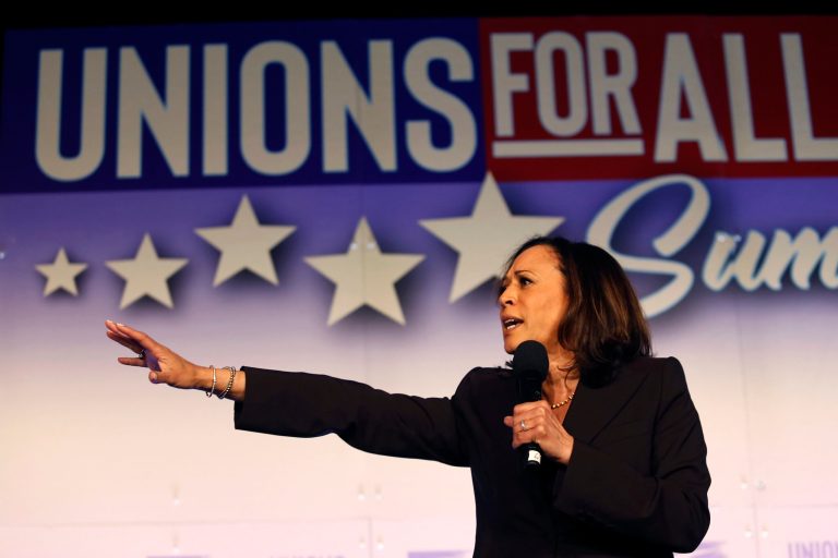 Democratic presidential candidate Sen. Kamala Harris, D-Calif., speaks in SEIU Unions For All Summit in Los Angeles last year. The federal employees union today backed her as Joe Biden's running mate.