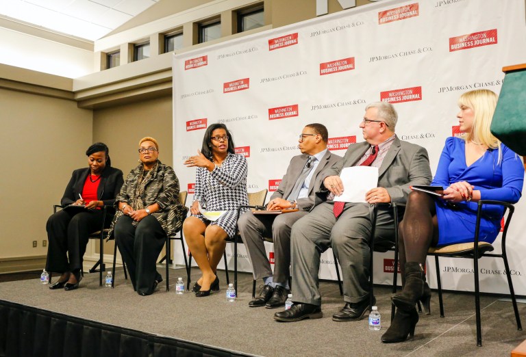 IMAGE DISTRIBUTED FOR JPMORGAN CHASE & CO-  Dr. Sonja Santelises, CEO, Baltimore Public Schools, third from left, speaks on a panel at Building the Tech Talent Pipeline, presented by JP Morgan Chase, Thursday, Dec. 12, 2019 in Annadale, Va. (Eric Kayne/AP Images for JPMorgan Chase & Co.)