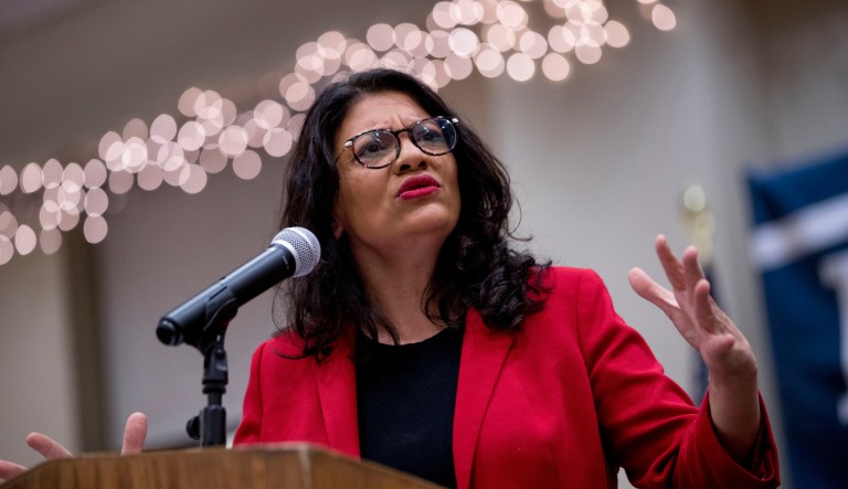 Rep. Rashida Tlaib, D-Mich., speaks before introducing Democratic presidential candidate Sen. Bernie Sanders, I-Vt., at a campaign stop at St. Ambrose University, Saturday, Jan. 11, 2020, in Davenport, Iowa.