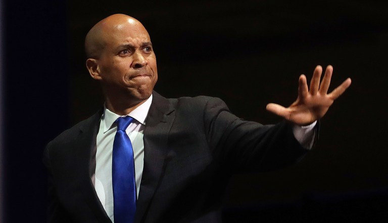 Democratic presidential candidate Sen. Cory Booker, D-N.J., waves before speaking during the 2019 California Democratic Party State Organizing Convention in San Francisco, Saturday, June 1, 2019. 