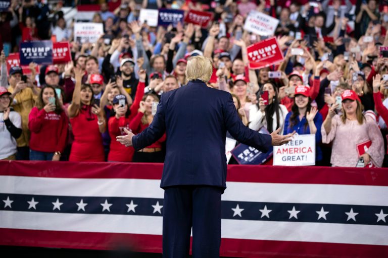 President Donald Trump arrives at UW-Milwaukee Panther Arena to speak at a campaign rally, Tuesday, Jan. 14, 2020, in Milwaukee. Impeachment is not hurting his approval ratings.