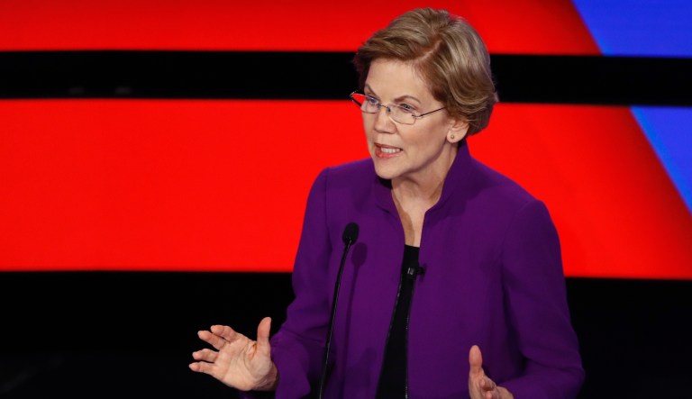Democratic presidential candidate Sen. Elizabeth Warren, D-Mass. speaks Tuesday, Jan. 14, 2020, during a Democratic presidential primary debate hosted by CNN and the Des Moines Register in Des Moines, Iowa.