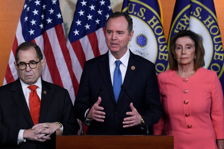 House Intelligence Committee Chairman Rep. Adam Schiff, D-Calif., center, and House Judiciary Committee Chairman Rep. Jerrold Nadler, D-N.Y., left, with House Speaker Nancy Pelosi of Calif., right, brought impeachment against President Trump and are now eyeing future probes.