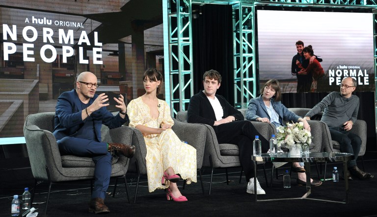 Lenny Abrahamson, Daisy Edgar-Jones, Paul Mescal, Sally Rooney and Ed Guiney participates in the Hulu âNormal Peopleâ panel during the Winter 2020 Television Critics Association Press Tour, on Friday, Jan. 17, 2020, in Pasadena, Calif.
