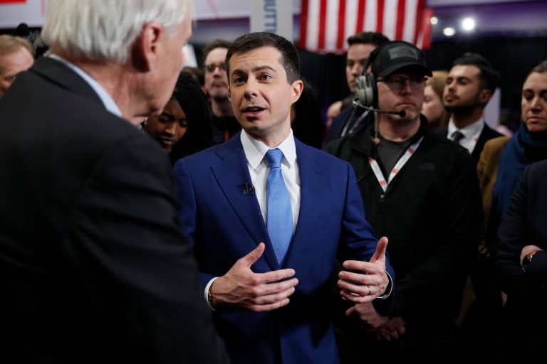 FILE - In this Tuesday, Jan. 14, 2020 file photo, former South Bend Mayor Pete Buttigieg is interviewed in the spin room after a Democratic presidential primary debate hosted by CNN and the Des Moines Register in Des Moines, Iowa. (AP Photo/Charlie Neibergall, File)