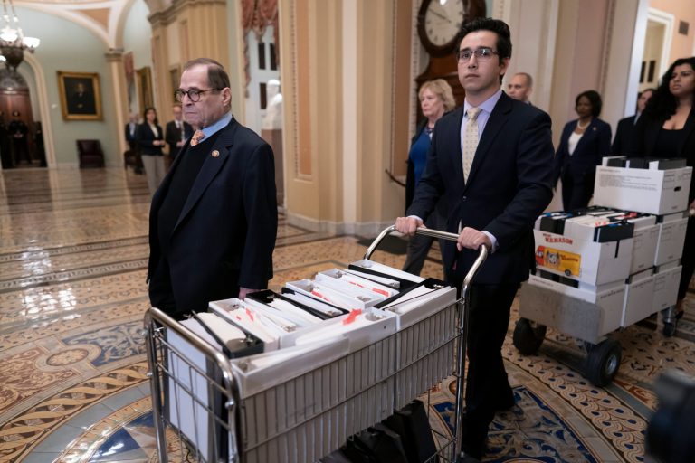 House Democratic impeachment manager, House Judiciary Committee Chairman Jerrold Nadler, D-N.Y., arrives at the Senate with carts of documents as work resumes in the impeachment trial of President Donald Trump on charges of abuse of power and obstruction of Congress, at the Capitol in Washington, Saturday, Jan. 25, 2020.