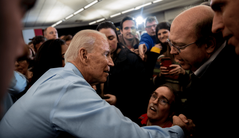 Democratic presidential candidate former Vice President Joe Biden greets members of the audience at a campaign stop at the South Slope Community Center, Saturday, Feb. 1, 2020, in North Liberty, Iowa. (AP Photo/Andrew Harnik)