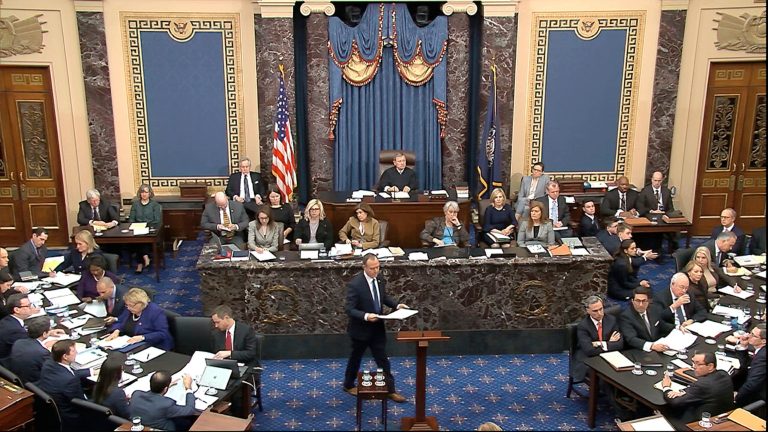 In this image from video, House impeachment manager Rep. Adam Schiff, D-Calif., speaks during closing arguments in the impeachment trial against President Trump in the Senate at the U.S. Capitol in Washington, Monday, Feb. 3, 2020.