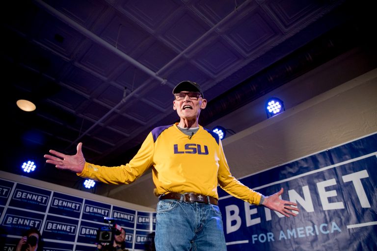 James Carville, a political commentator known for leading former President Bill Clinton's 1992 presidential campaign, speaks in New Hampshire.