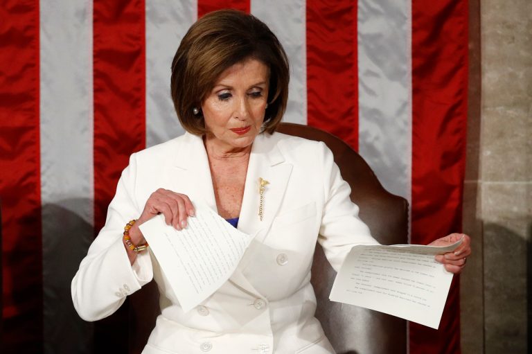 House Speaker Nancy Pelosi, of California, tears her copy of President Donald Trump's State of the Union address after he delivered it to a joint session of Congress on Capitol Hill just days before his House impeachment failed in the Senate.