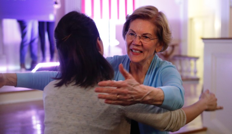 Democratic presidential candidate Sen. Elizabeth, D-Mass., greets supporters at a town hall campaign event, Monday, Feb. 10, 2020, in Portsmouth, N.H.
