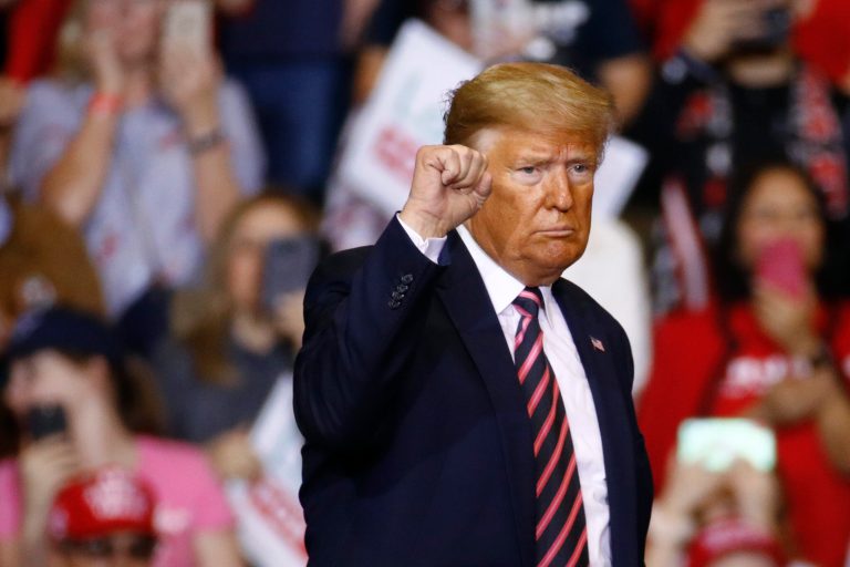 President Donald Trump gestures as he walks offstage after speaking at a campaign rally, Friday, Feb. 21, 2020, in Las Vegas. Polls show Republicans upbeat going into the election year.