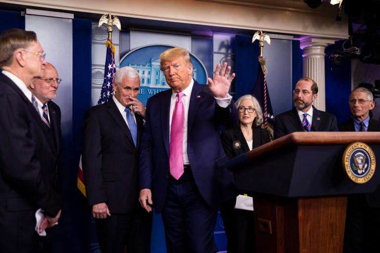 Many swing voters believe President Trump has done hard work to kill the coronavirus. He is shown leaving a February coronavirus task force press conference.