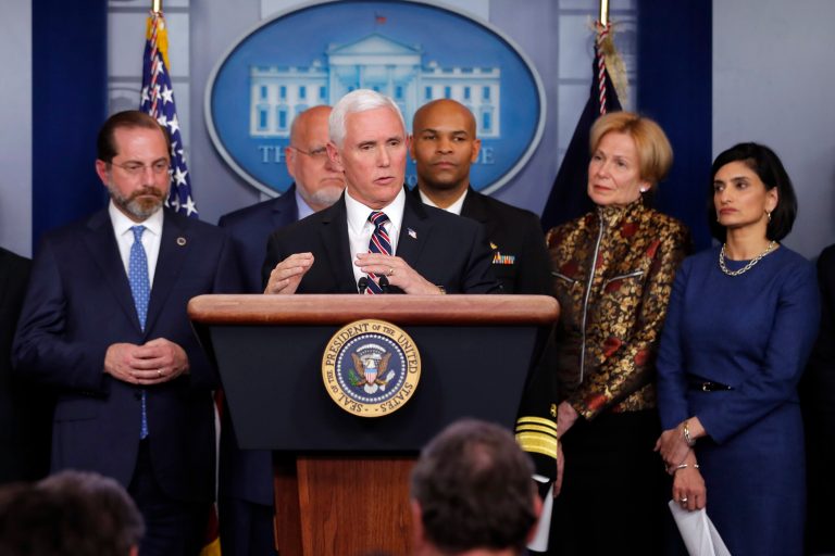 Vice President Mike Pence speaks in the briefing room of the White House in Washington, Monday, March, 9, 2020, about the coronavirus outbreak with members of his task force, including Health and Human Services Secretary Alex Azar, Dr. Robert Kadlec, assistant secretary of Health and Human Services for Preparedness and Response, U.S. Surgeon General Jerome Adams, Dr. Deborah Birx, White House coronavirus response coordinator, and Administrator of the Centers for Medicare and Medicaid Services Seema Verma.