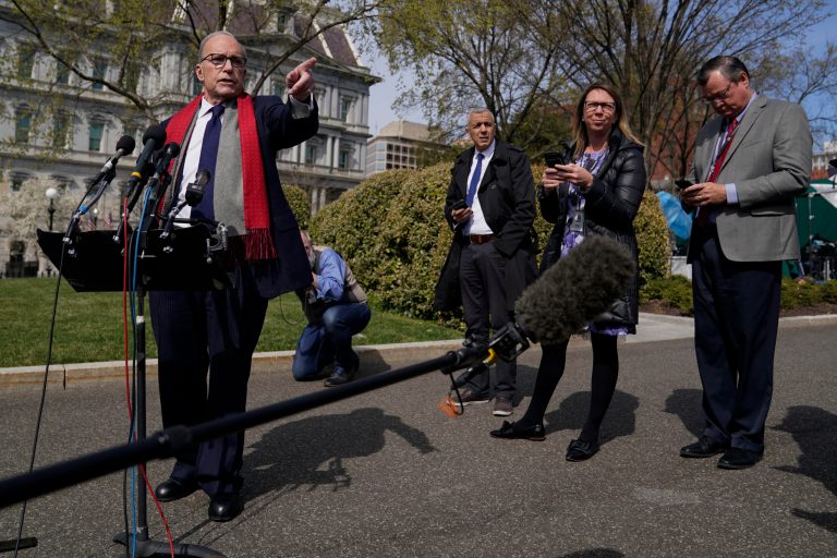 White House chief economic adviser Larry Kudlow talks to reporters about the economic impact of the coronavirus, at the White House, Monday.