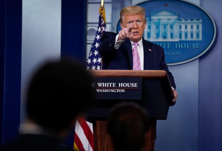 President Donald Trump takes questions during a coronavirus task force briefing at the White House Friday.