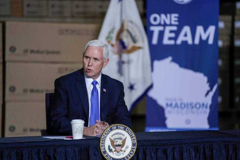 Vice President Mike Pence speaks visits the GE Healthcare manufacturing facility Tuesday April 21, 2020, in Madison, Wis. He told Secrets that the U.S. is beyond the turning point in the fight with coronavirus.