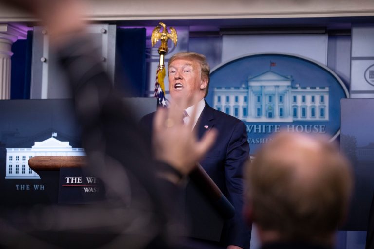 President Donald Trump takes question from White House reporters at his Thursday virus briefing.