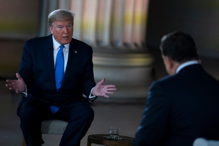 President Donald Trump speaks during a Fox News virtual town hall from the Lincoln Memorial, Sunday, May 3, 2020, in Washington.