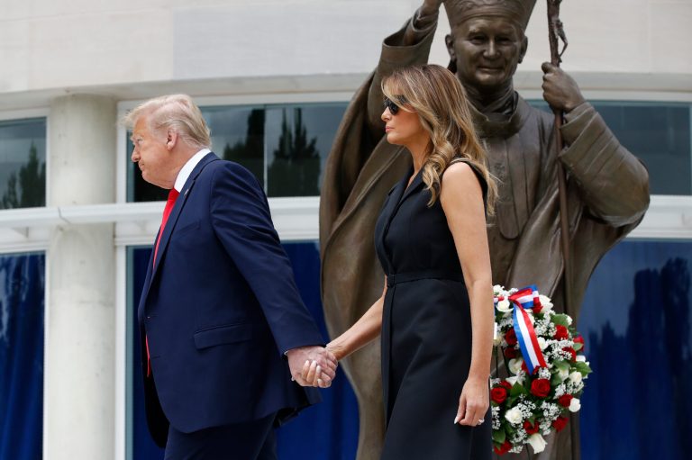 President Donald Trump and first lady Melania Trump visiting Saint John Paul II National Shrine on Tuesday before returning to the White House where Trump signed the International Religious Freedom executive order.