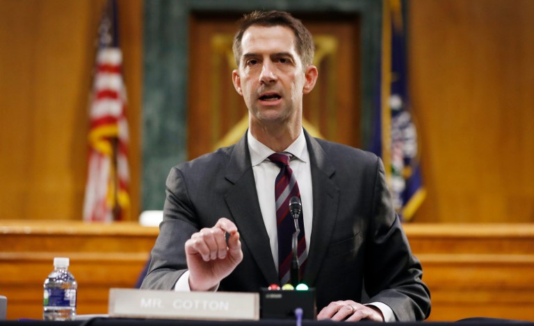 Sen. Tom Cotton speaks during a Senate Intelligence Committee nomination hearing for Rep. John Ratcliffe on Capitol Hill in Washington, Tuesday, May. 5, 2020. 