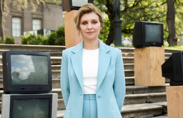In this photo taken on May 6, 2020, Olena Zelenska, wife of Ukrainian's President Volodymyr Zelenskiy, looks on during a TV address in Kyiv, Ukraine. Olena was hospitalized with double-sided pneumonia after getting infected with the new coronavirus.